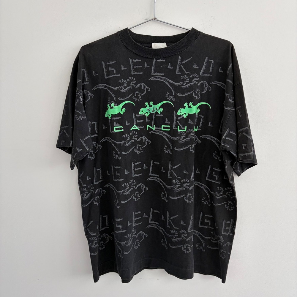 Vintage Gecko Surfwear Cancun All Over Print T Shirt Black XL Mens 90s Retro